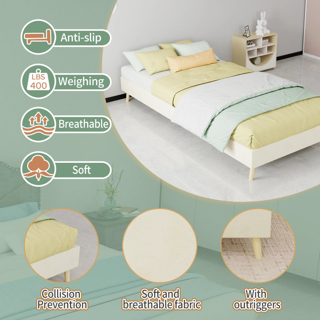 DESMIU Lit simple 90 × 200 cm in tessuto e metallo, con struttura stabile, senza materasso, beige