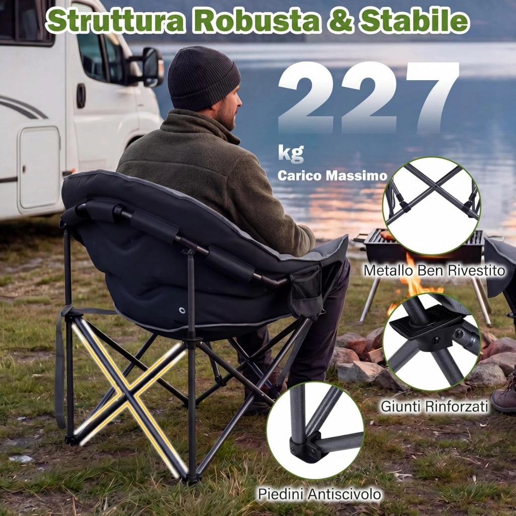 Sedia da Campeggio Pieghevole, Sedia da Pesca Portatile con Braccioli, Portabicchieri e Borsa da Trasporto, Portata 227 kg, per Esterno, per Picnic e Spiaggia, 74x90x99 cm (Grigio)