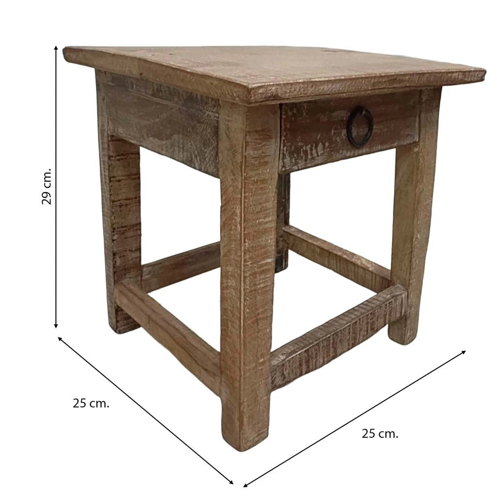 Sgabello con cassetto in legno con finitura artigianale marrone 25x25x29 h cm