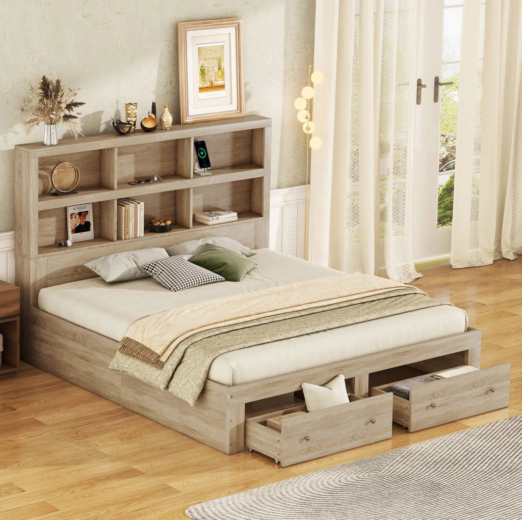 Letto matrimoniale 160x200 cm con USB e contenitore; truciolare; colore naturale
