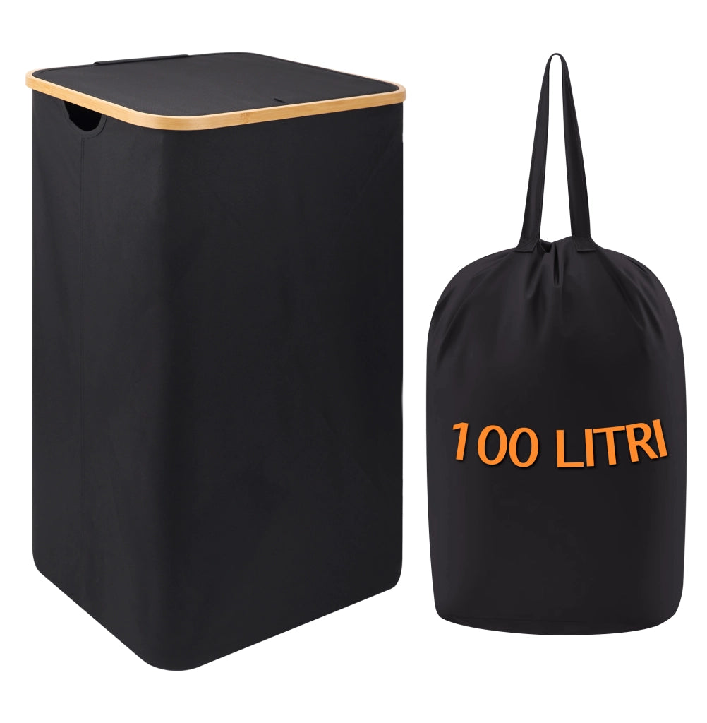 Cesto Portabiancheria Con Coperchio Cesta Bucato 100L Con Sacco Interno Removibile Tessuto Oxford Manici In Bambù Pieghevole Grande Biancheria Sporca - Nero