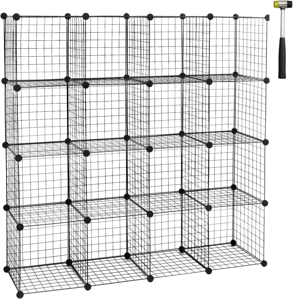 Armadietto Guardaroba Modulare a 16 Cubi, Scaffale Portaoggetti in Rete Metallica, Armadio Fai-da-Te Scarpiera, Nero