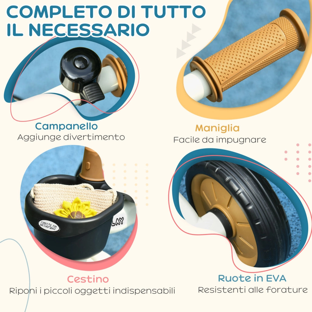 Triciclo per Bambini da 2-5 Anni con Seduta Regolabile e Campanello, 70.5x50x58cm, Bianco