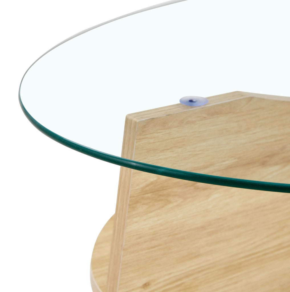Tavolino da caffè ovale in vetro di sicurezza e MDF trasparente e effetto legno