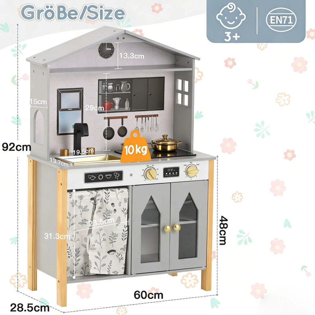 Cucina per bambini 28,5x60x92 cm in legno e plastica grigia, interattiva