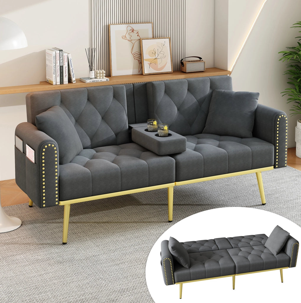 Divano letto 175x80x73.5 cm con schienale regolabile a 3 angoli in velluto grigio