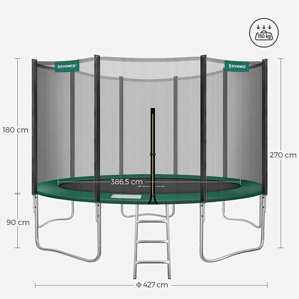 Trampolino da esterno diametro 427 cm attrezzatura da giardino con scaletta rete protettiva pali rivestiti nero e verde scuro 12_0002075