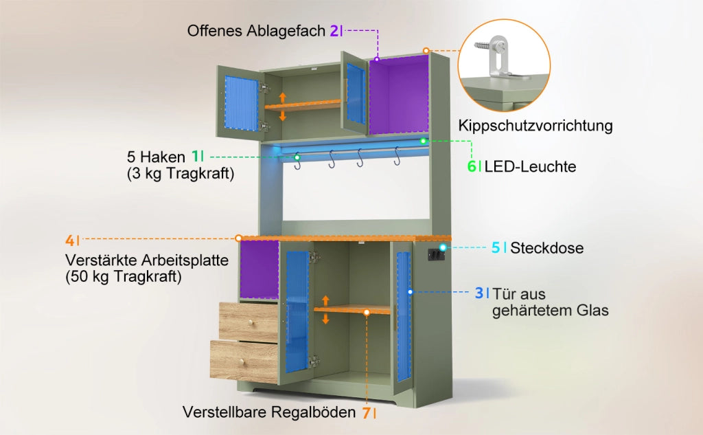 Credenza alta da cucina 110×40×178 cm con vetrina in vetro temperato, LED RGB, prese USB e ripiani regolabili, verde anticato