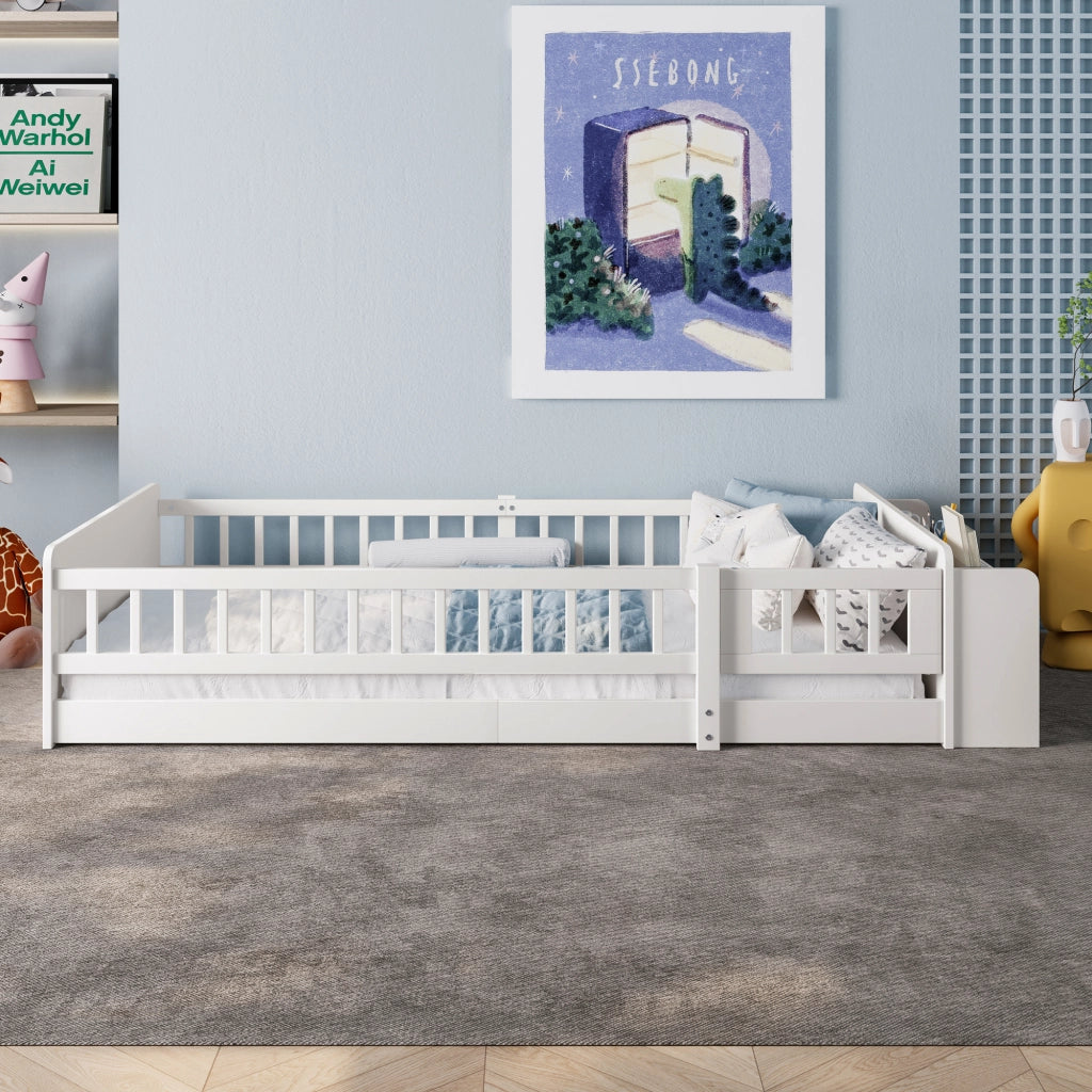 Letto per bambini in pino bianco 90x200 cm con contenitore aperto e scaffali, senza materasso