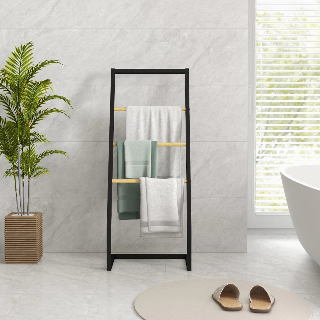 Portasciugamani a 4 Sbarre in Acciaio e Bamb¨´, 40.5x28x98cm, Nero e color Legno