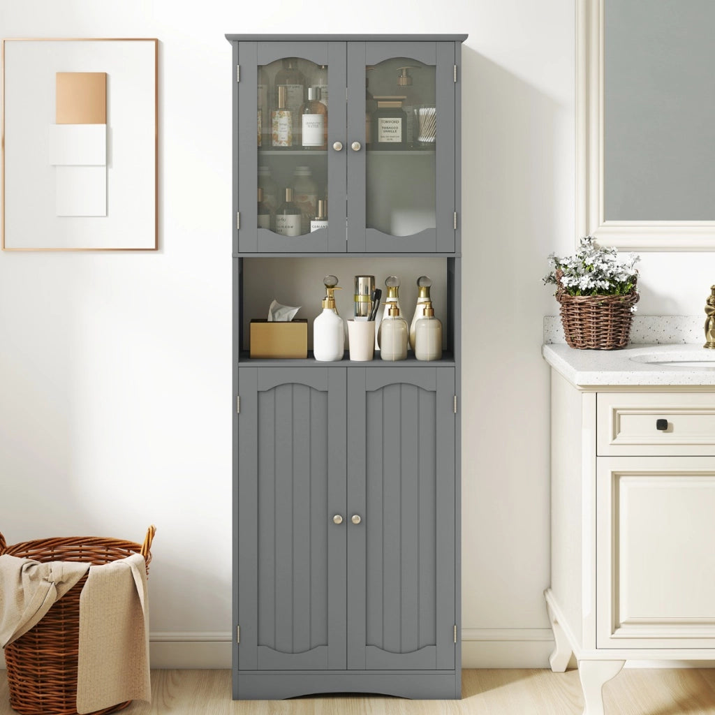 Armadio da bagno alto-Mobiletto da bagno 164cm con porte in vetro satinato e ripiani, Mobile autonomo per cucina soggiorno ufficio Grigio