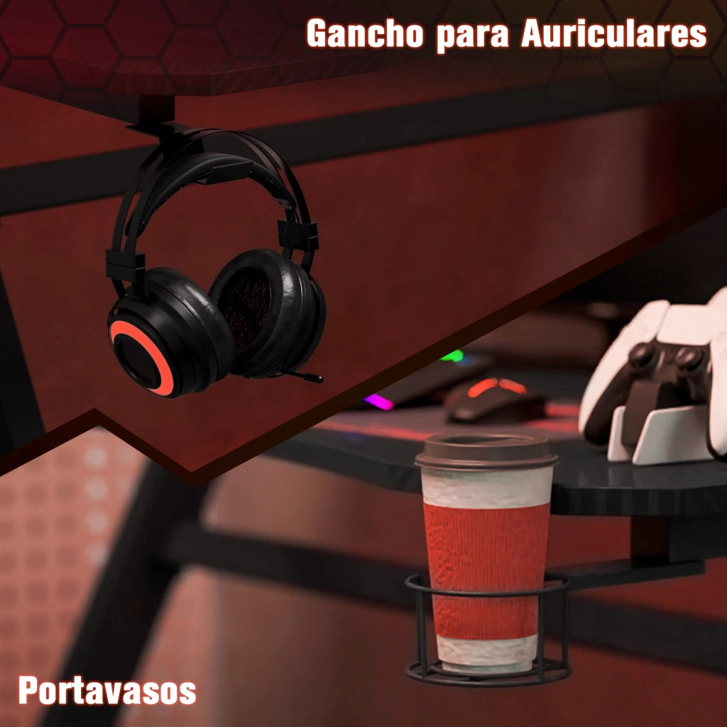 Scrivania Gaming Ergonomica ¨C Xylo ¨C Nero Effetto Fibra Carbonio 120x65x74.5cm con Portavasos e Supporto Cuffie