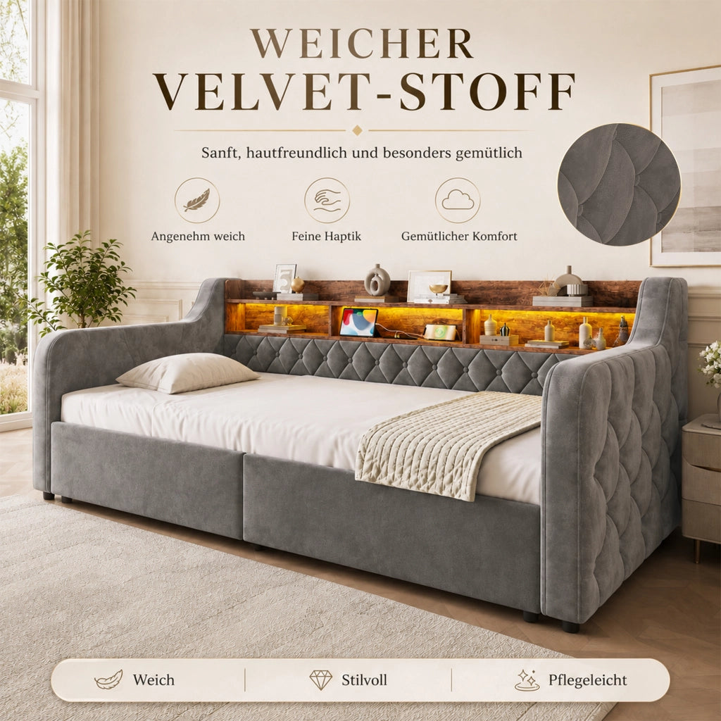 Letto imbottito con contenitore e LED, testiera con ripiano e ricarica, 2 cassetti, velluto dark gray 90 × 190 cm