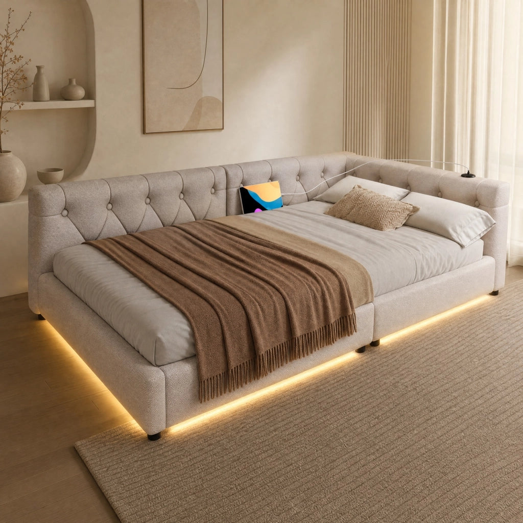Letto daybed 90x200 cm in lino beige con LED, USB e Type-C