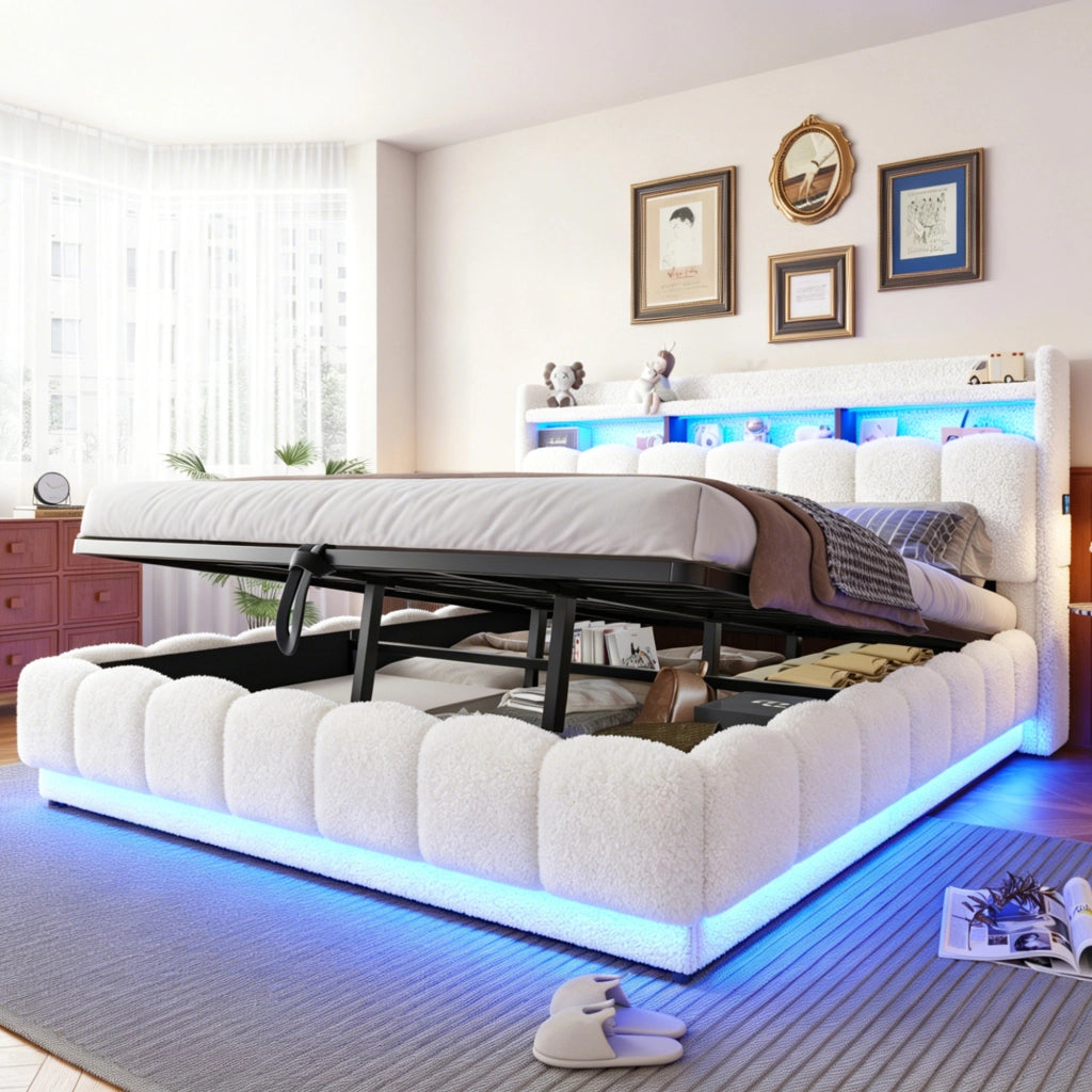 LETTO Contenitore 180x200 cm Bianco in tessuto boucl¨¦ con LED e USB