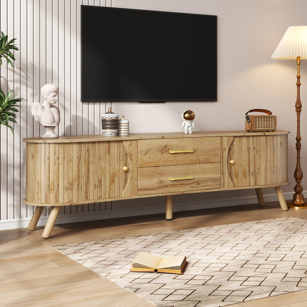 Mobile porta TV con 2 ante scorrevoli e 2 cassetti effetto scanalato verticale per soggiorno naturale 160 × 36,5 × 55 cm