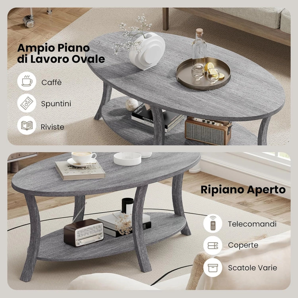 Tavolino da Caffè Ovale a 2 Livelli, Tavolino Basso da Salotto in Legno con Ampio Piano e Ripiano Aperto, Design Rustico per Soggiorno, Ufficio e Studio, 111 x 60,5 x 47 cm (Grigio)