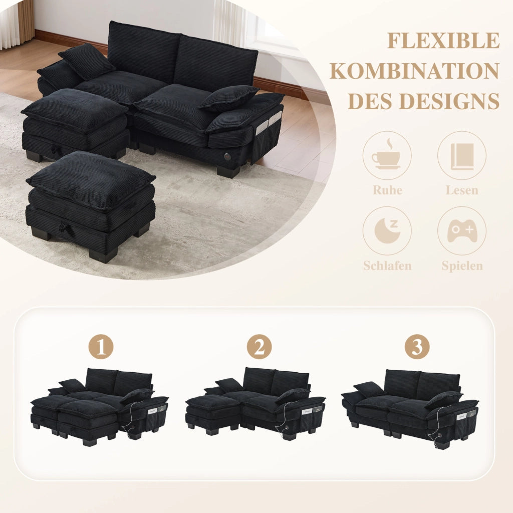 Divano modulare 2 posti con pouf; USB-C e tasche laterali; velluto a coste nero