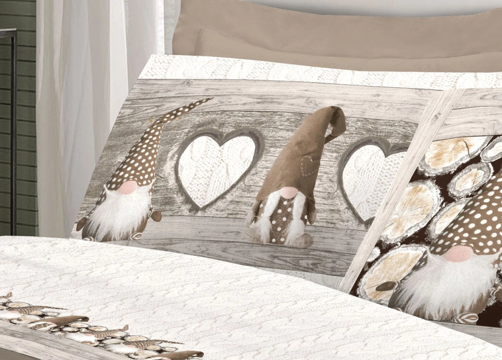 Completo Lenzuola Linea Pensieri Delicati 100% Cotone Disegno Gnomi - Singolo - Beige