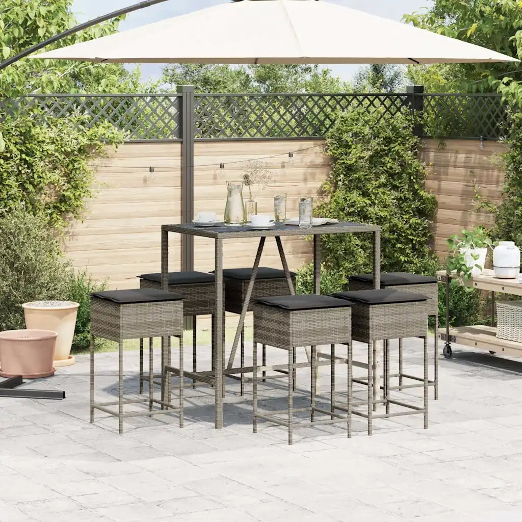 Set Bar da Giardino 7 pz con Cuscini in Polyrattan Grigio
