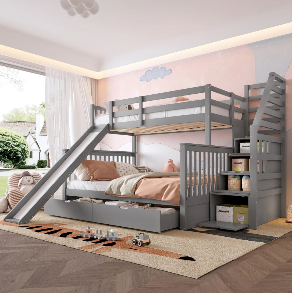 Letto a castello 90x200/140x200 con scivolo, cassetti e scala grigio