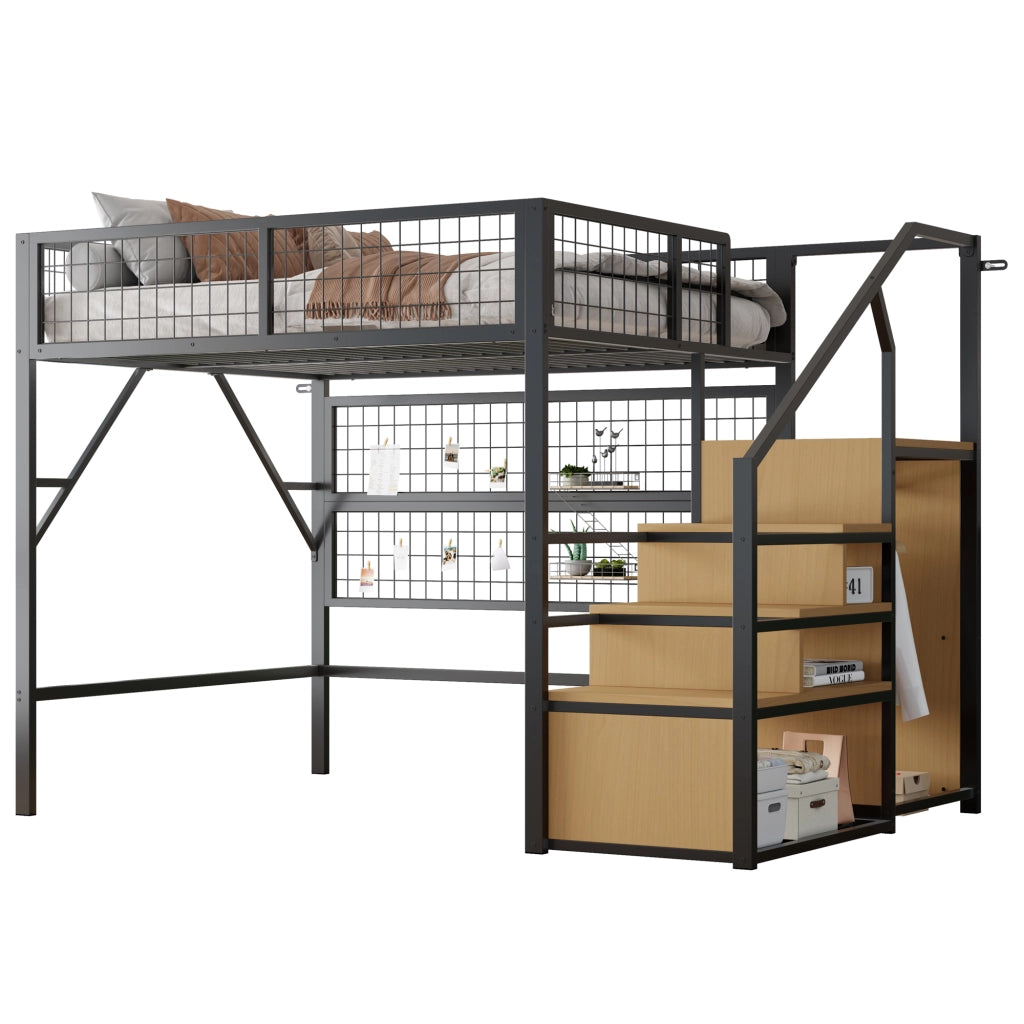 Letto a Soppalco 140 x 200 cm; Letto Matrimoniale con LED; Scala Contenitore e Armadio; senza Materasso