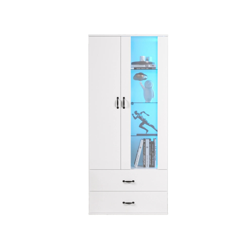 Vetrina LED bianca con 2 ante e 2 cassetti, mobile espositore da terra in truciolare 59,5x35x182 cm