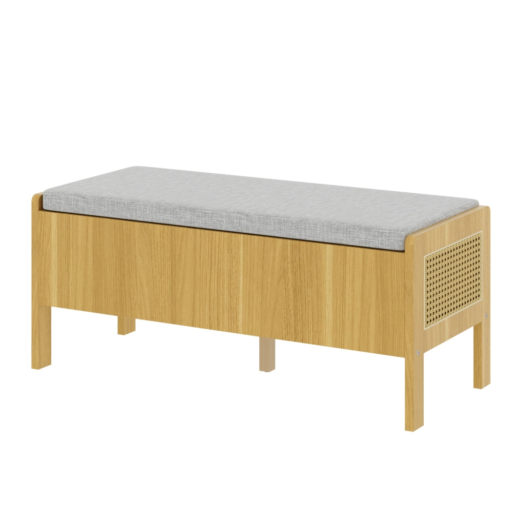 Panca contenitore in bambù e MDF con lati in rattan, grigio