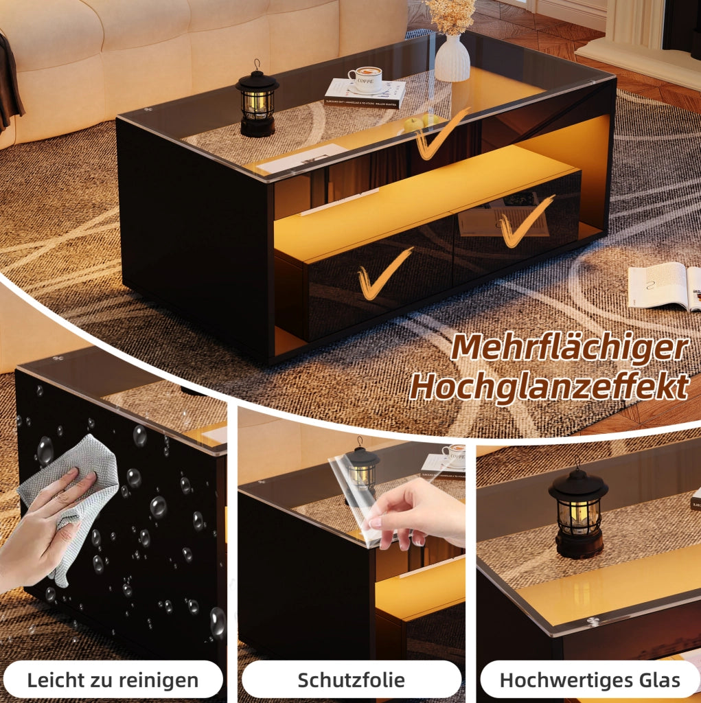 Tavolino da caffè LED nero con vetro temperato e 2 cassetti