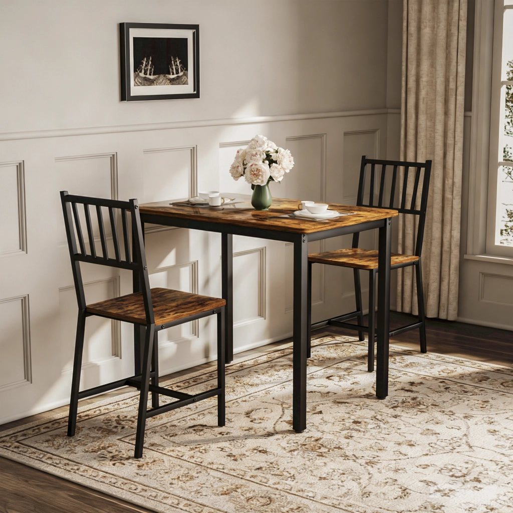 Tavolo da pranzo 2 posti con 2 sgabelli per cucina in truciolare e metallo 90×60×75.5 cm marrone e nero