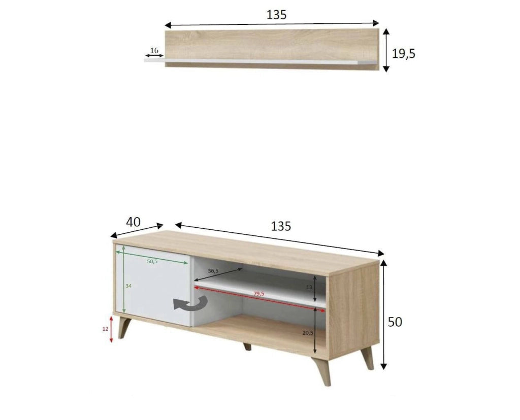 Mobile porta TV Amerino, Credenza per televisione da soggiorno con 1 anta,Supporto TV da salotto, Madia di design, cm 135x40h50, Rovere
