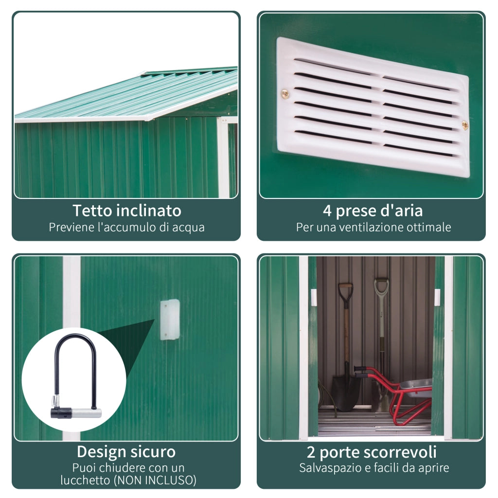 EasyComfort Casetta da Giardino Porta Utensili in Lamiera con Porte Scorrevoli, 213x130x185cm, Verde