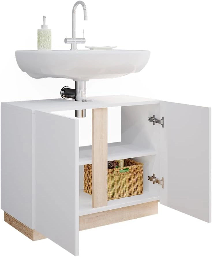 Mobile sottolavabo per bagno Gloria, Bianco, 70.4 x 55.5 cm con 2 porte, con apertura per sifone e compatibile con la serie Gloria