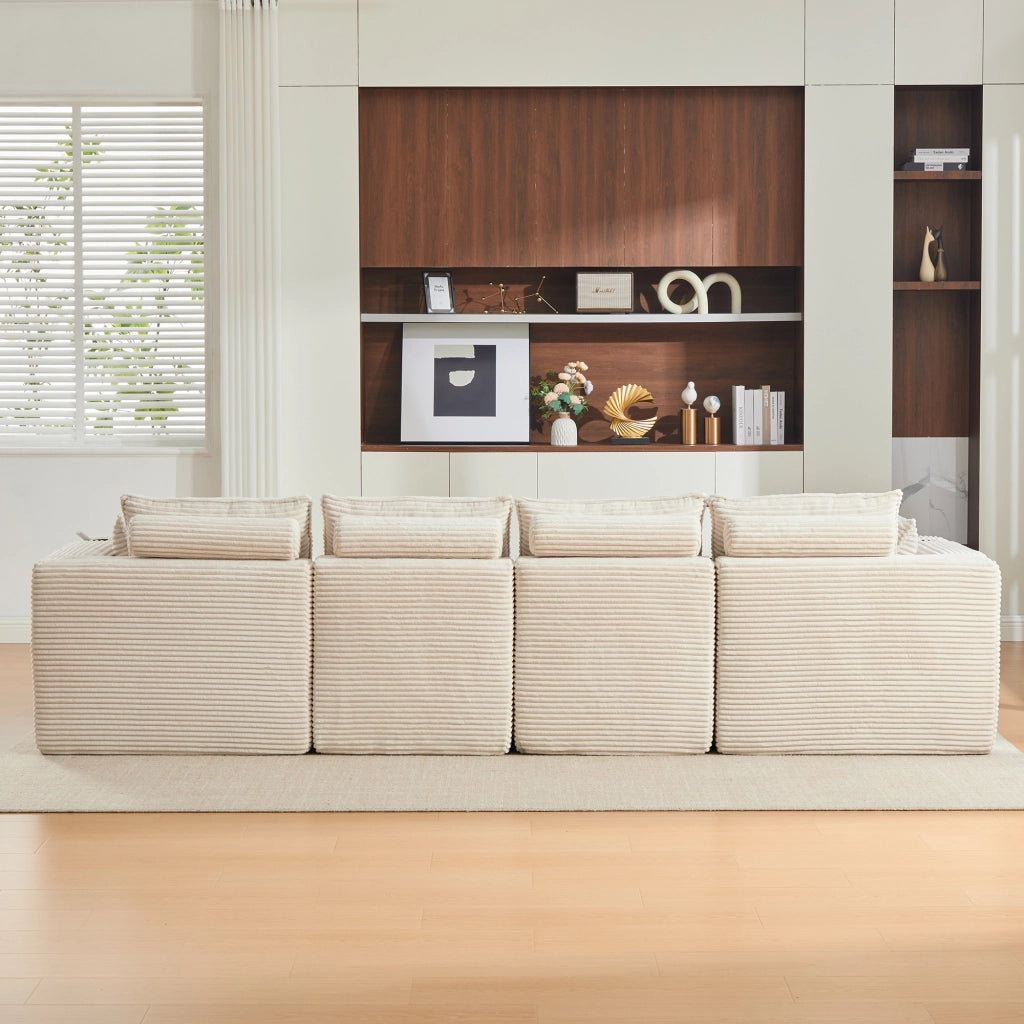Divano modulare 4 posti con tasche laterali e cuscini struttura a molle e schiuma in velluto a coste beige