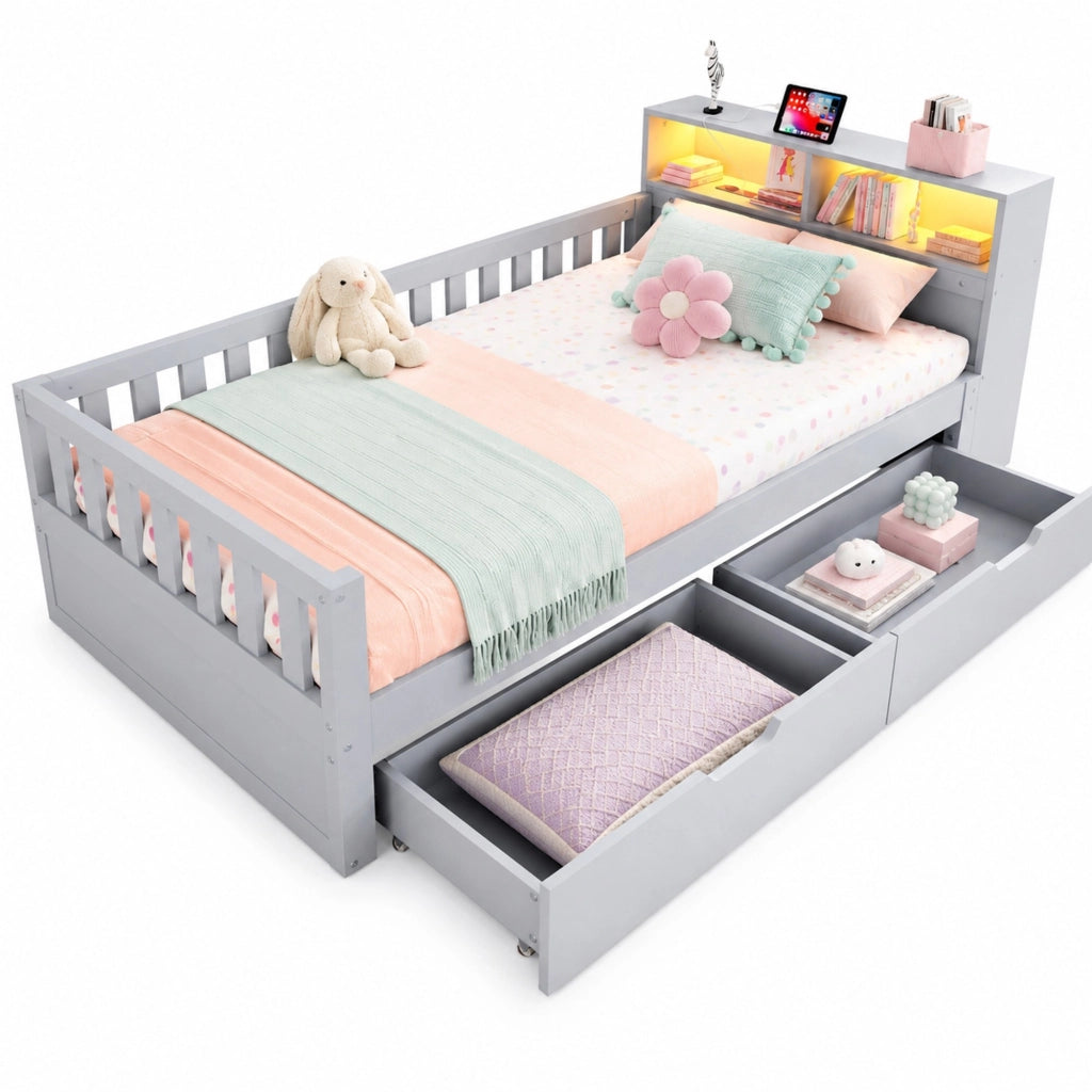 Letto multifunzione 90x200 cm con cassetti; ripiani; LED e prese; grigio