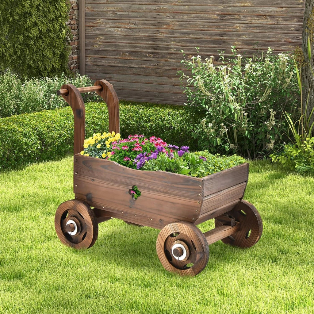 Fioriera da Esterno in Legno a Forma di Carrello, Carriola Portafiori con 4 Ruote, Maniglia e Foro di Drenaggio, Carrello Decorativo da Interno ed Esterno, per Patio, Giardino e Balcone