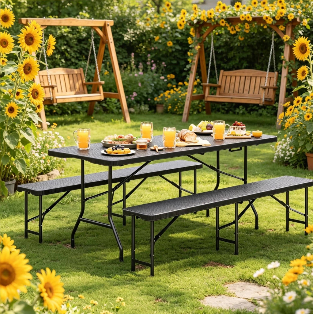 Set birreria pieghevole nero con tavolo 180 cm e 2 panche in HDPE