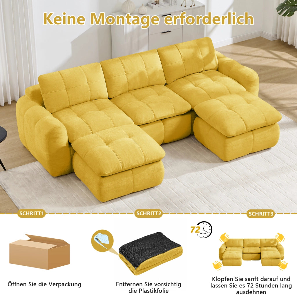 Divano modulare a U 3 posti senza struttura in chenille con seduta ergonomica giallo 264 × 160 × 68 cm