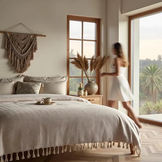 Bedsprei Premium 200x230 cm XXL Tulum | 100% Cotone | Extra Grande | Doccia in cotone come bedsprei, banksprei, deken per divano con motivo a quadrettato (Sepia)