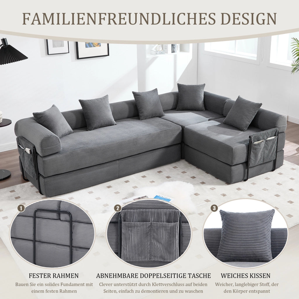 DIVANO Modulare con tasca laterale 270 x 180 x 64 cm in velluto a coste grigio scuro