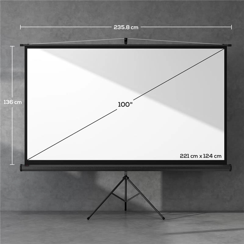 TELO PROIETTORE PIEGHEVOLE DA 100" FORMATO 16:9 CON TREPPIEDE REGOLABILE, 235.8X8X136 CM, NERO