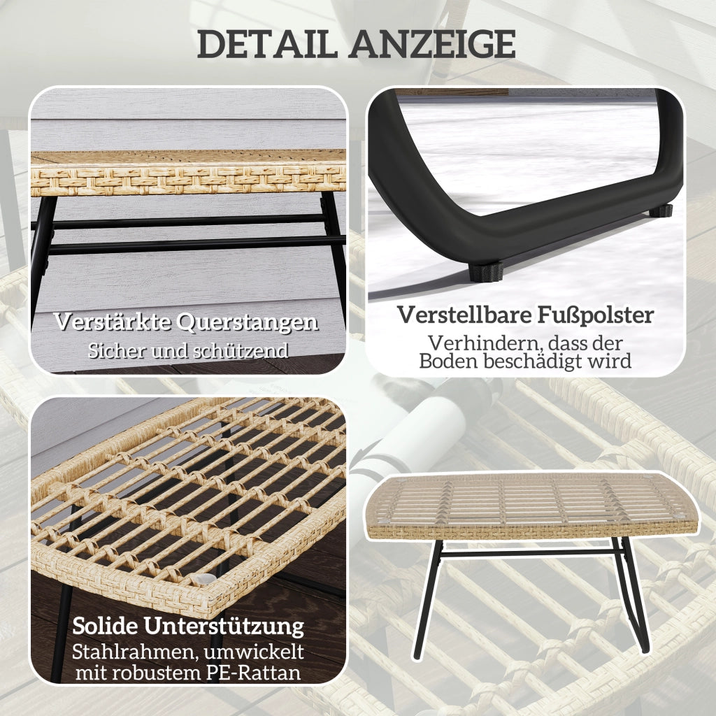 Tavolino da giardino in polirattan; 90 x 50 x 45 cm; tavolino laterale resistente ai raggi UV con piano in vetro; legno naturale