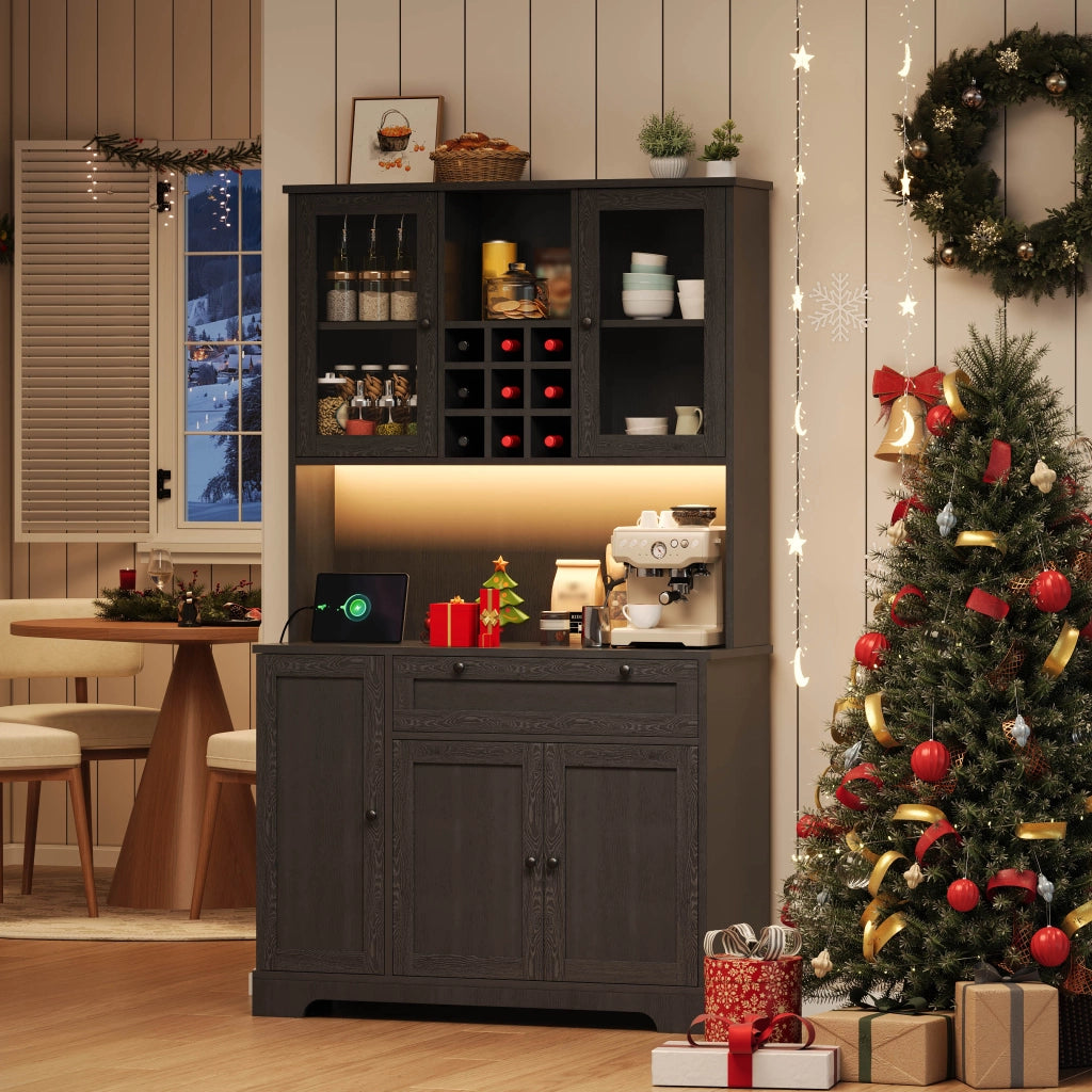 Credenza buffet moderna con LED RGB, prese integrate, ripiani regolabili e vani contenitore, 180 × 105 × 40 cm, nero