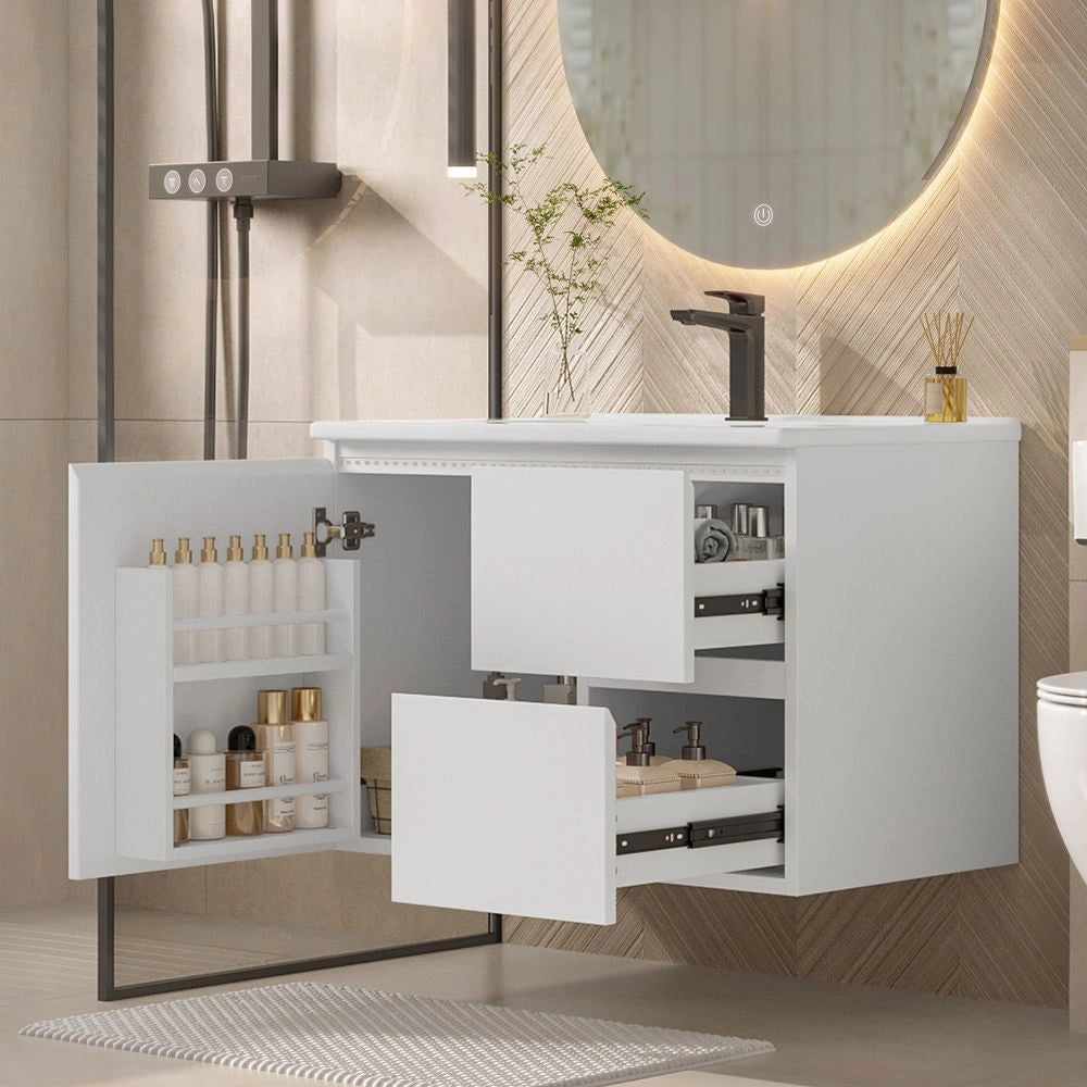 Armadio bagno sospeso - Xylo - 76x46x50 cm - Bianco - LED radar, lavabo integrato, due cassetti