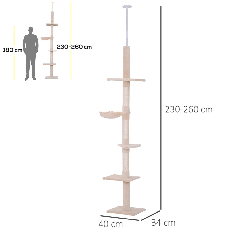Albero Tiragraffi Multilivello a Soffitto con Amaca e Altezza Regolabile, 40x34x230-260cm, Beige