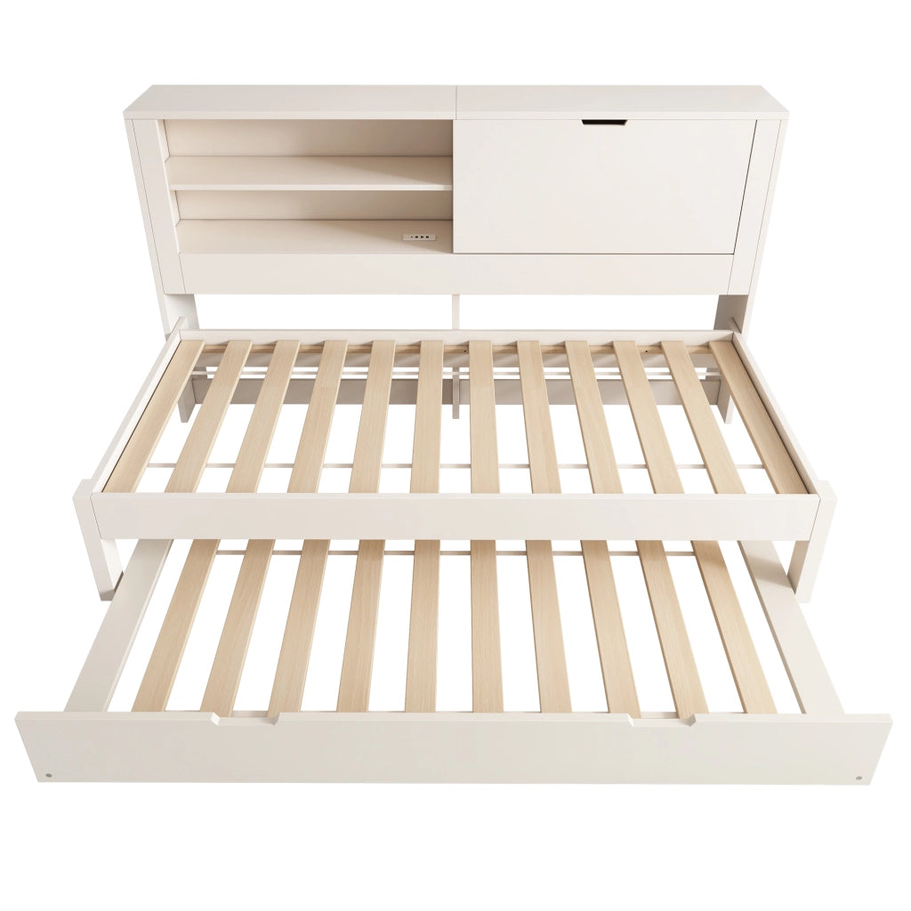 Sofà letto singolo 90x200 cm con letto estraibile, vano contenitore, ricarica USB/USB-C, bianco