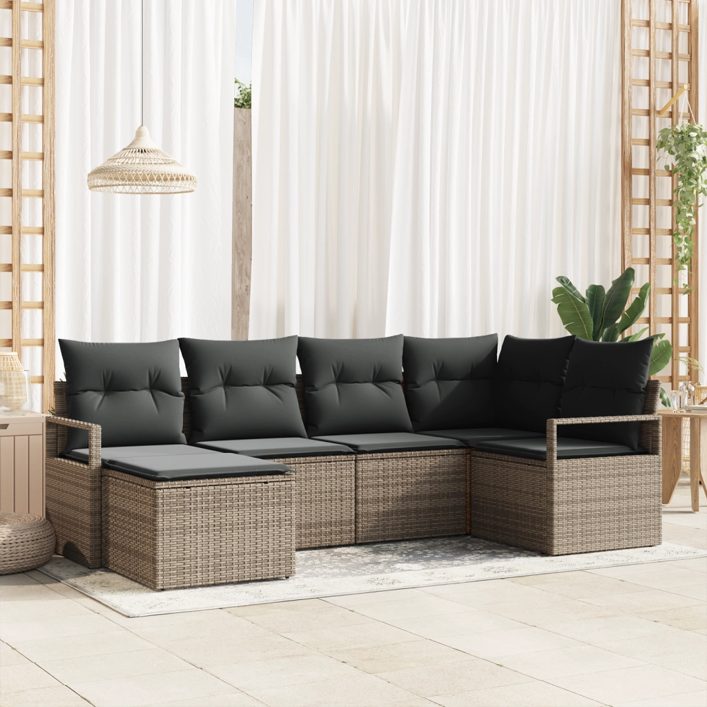 Set Divano da Giardino 6 Pezzi con Cuscini Grigio in Polyrattan