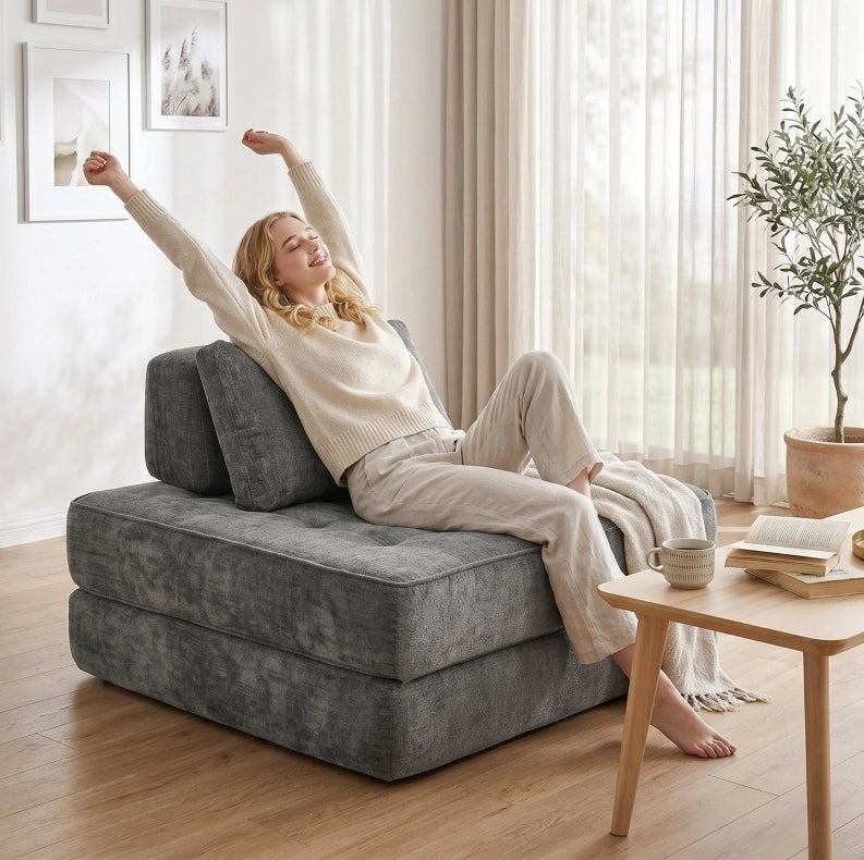 Poltrona Letto Pieghevole 2-in-1 in Chenille Grigia con Cuscino di Supporto Spesso