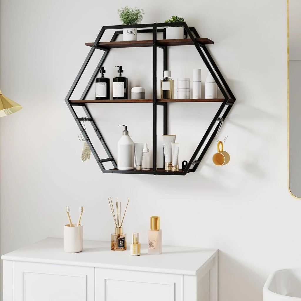 Mensola da Muro, Mensole Esagonali Industriali a 3 Livelli con Ganci e Struttura in Metallo, Mensole Galleggianti per Camera da Letto, Soggiorno e Cucina, 80x18x69,5 cm (Stile 1)