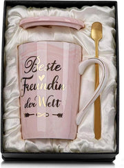 Tazza da caffè in porcellana, 400 ml, con slogan, migliore amica, regalo per donne con coperchio, cucchiaio, scatola di regalo rosa